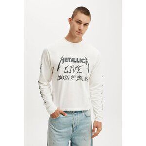COTTON ON Men's Metallica Cropped Fit Long Sleeve T-Shirt Size S In White